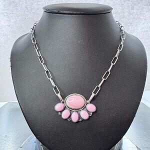 Native American Sterling 6 Oval Pink Conch Cluster Pendant W/Necklace For Women